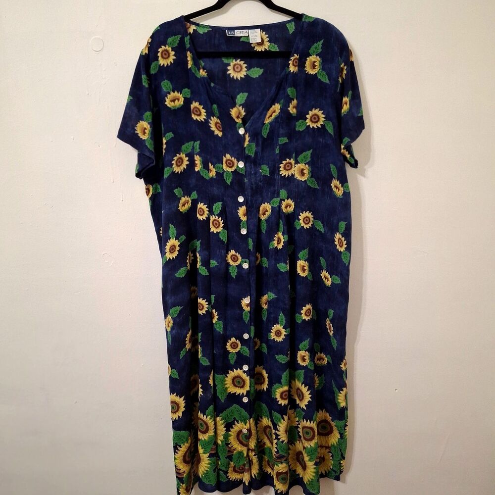 Vintage 90s La Cera Sunflower Maxi XL  Button Down Tie Back Peasant Boho Cottage